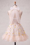Light Yellow A-Line Ruffled Lace Up Back Sheer Corset Floral Homecoming Dress
