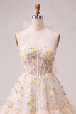Light Yellow A-Line Ruffled Lace Up Back Sheer Corset Floral Homecoming Dress