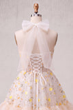 Light Yellow A-Line Ruffled Lace Up Back Sheer Corset Floral Homecoming Dress