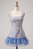 Blue Corset Square Neck Lace Up Back Jacquard Bodycon Homecoming Dress with Ruffles
