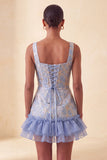 Blue Corset Square Neck Lace Up Back Jacquard Bodycon Homecoming Dress with Ruffles