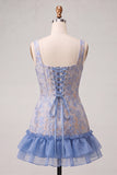 Blue Corset Square Neck Lace Up Back Jacquard Bodycon Homecoming Dress with Ruffles
