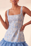 Blue Corset Square Neck Lace Up Back Jacquard Bodycon Homecoming Dress with Ruffles
