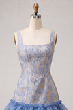 Blue Corset Square Neck Lace Up Back Jacquard Bodycon Homecoming Dress with Ruffles