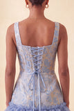 Blue Corset Square Neck Lace Up Back Jacquard Bodycon Homecoming Dress with Ruffles