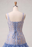 Blue Corset Square Neck Lace Up Back Jacquard Bodycon Homecoming Dress with Ruffles