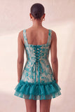Blue Corset Square Neck Lace Up Back Jacquard Bodycon Homecoming Dress with Ruffles