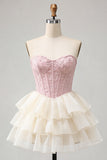Pink Sweetheart A-Line Corset Jacquard Lace Up Back Tiered Homecoming Dress