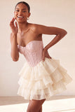Pink Sweetheart A-Line Corset Jacquard Lace Up Back Tiered Homecoming Dress