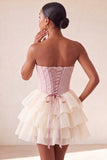 Pink Sweetheart A-Line Corset Jacquard Lace Up Back Tiered Homecoming Dress