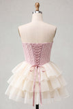 Pink Sweetheart A-Line Corset Jacquard Lace Up Back Tiered Homecoming Dress