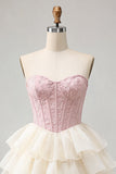 Pink Sweetheart A-Line Corset Jacquard Lace Up Back Tiered Homecoming Dress