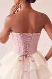 Pink Sweetheart A-Line Corset Jacquard Lace Up Back Tiered Homecoming Dress