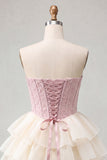 Pink Sweetheart A-Line Corset Jacquard Lace Up Back Tiered Homecoming Dress