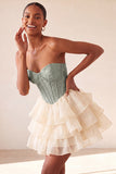 Pink Sweetheart A-Line Corset Jacquard Lace Up Back Tiered Homecoming Dress