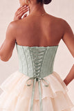 Pink Sweetheart A-Line Corset Jacquard Lace Up Back Tiered Homecoming Dress