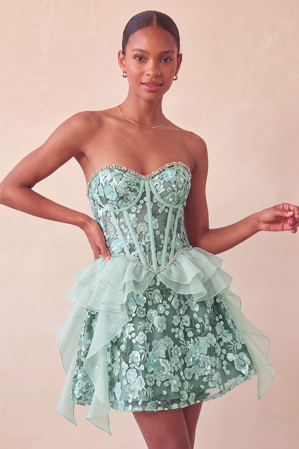 ZAPAKA Women Sage Green Sweetheart Short Homecoming Dress with Sequins Corset A-Line Ruffled Cocktail Dress with Lace Up Back