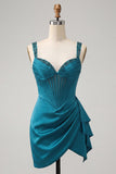 Bodycon Basque Waist Corset Lake Blue Ruched Homecoming Dress with Ruffles