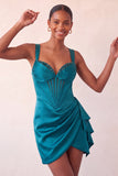Bodycon Basque Waist Corset Lake Blue Ruched Homecoming Dress with Ruffles