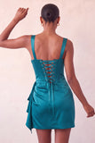 Bodycon Basque Waist Corset Lake Blue Ruched Homecoming Dress with Ruffles