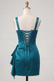 Bodycon Basque Waist Corset Lake Blue Ruched Homecoming Dress with Ruffles