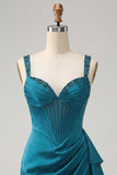 Bodycon Basque Waist Corset Lake Blue Ruched Homecoming Dress with Ruffles