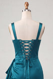 Bodycon Basque Waist Corset Lake Blue Ruched Homecoming Dress with Ruffles