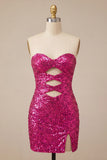 Sweetheart Fuchsia Keyhole Bodycon Sparkly Sequin Homecoming Dress with Slit