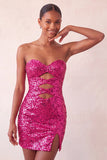 Sweetheart Fuchsia Keyhole Bodycon Sparkly Sequin Homecoming Dress with Slit