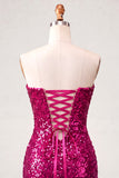 Sweetheart Fuchsia Keyhole Bodycon Sparkly Sequin Homecoming Dress with Slit