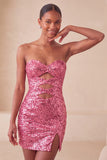 Sweetheart Fuchsia Keyhole Bodycon Sparkly Sequin Homecoming Dress with Slit