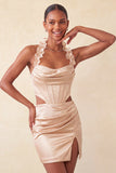 Halter Corset Bodycon Mint Green Ruched Short Homecoming Dress with Slit