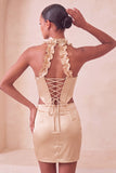 Halter Corset Bodycon Mint Green Ruched Short Homecoming Dress with Slit
