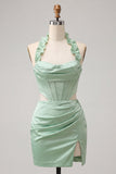 Halter Corset Bodycon Mint Green Ruched Short Homecoming Dress with Slit
