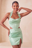 Halter Corset Bodycon Mint Green Ruched Short Homecoming Dress with Slit