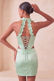 Halter Corset Bodycon Mint Green Ruched Short Homecoming Dress with Slit