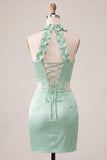 Halter Corset Bodycon Mint Green Ruched Short Homecoming Dress with Slit