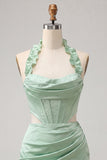 Halter Corset Bodycon Mint Green Ruched Short Homecoming Dress with Slit