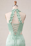 Halter Corset Bodycon Mint Green Ruched Short Homecoming Dress with Slit