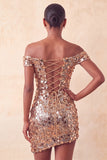 Sparkly Champagne Off The Shoulder Bodycon Homecoming Dress with Sequins