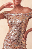 Sparkly Champagne Off The Shoulder Bodycon Homecoming Dress with Sequins