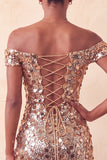 Sparkly Champagne Off The Shoulder Bodycon Homecoming Dress with Sequins