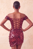 Sparkly Champagne Off The Shoulder Bodycon Homecoming Dress with Sequins
