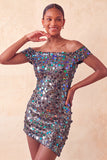 Sparkly Champagne Off The Shoulder Bodycon Homecoming Dress with Sequins