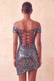 Sparkly Champagne Off The Shoulder Bodycon Homecoming Dress with Sequins