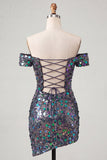 Sparkly Champagne Off The Shoulder Bodycon Homecoming Dress with Sequins