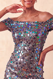 Sparkly Champagne Off The Shoulder Bodycon Homecoming Dress with Sequins