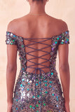 Sparkly Champagne Off The Shoulder Bodycon Homecoming Dress with Sequins