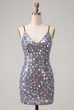 Sparkly Silver Bodycon Lace Up Back Short Homecoming Dress with Sequins