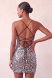 Sparkly Silver Bodycon Lace Up Back Short Homecoming Dress with Sequins